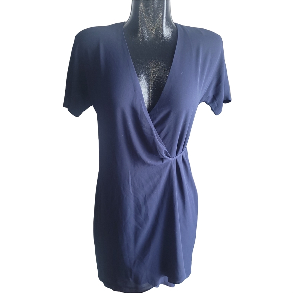 Aritzia's Babaton Navy Blue Wallace Short Sleeve Wrap Style Midi Dress XS - Picture 2 of 8